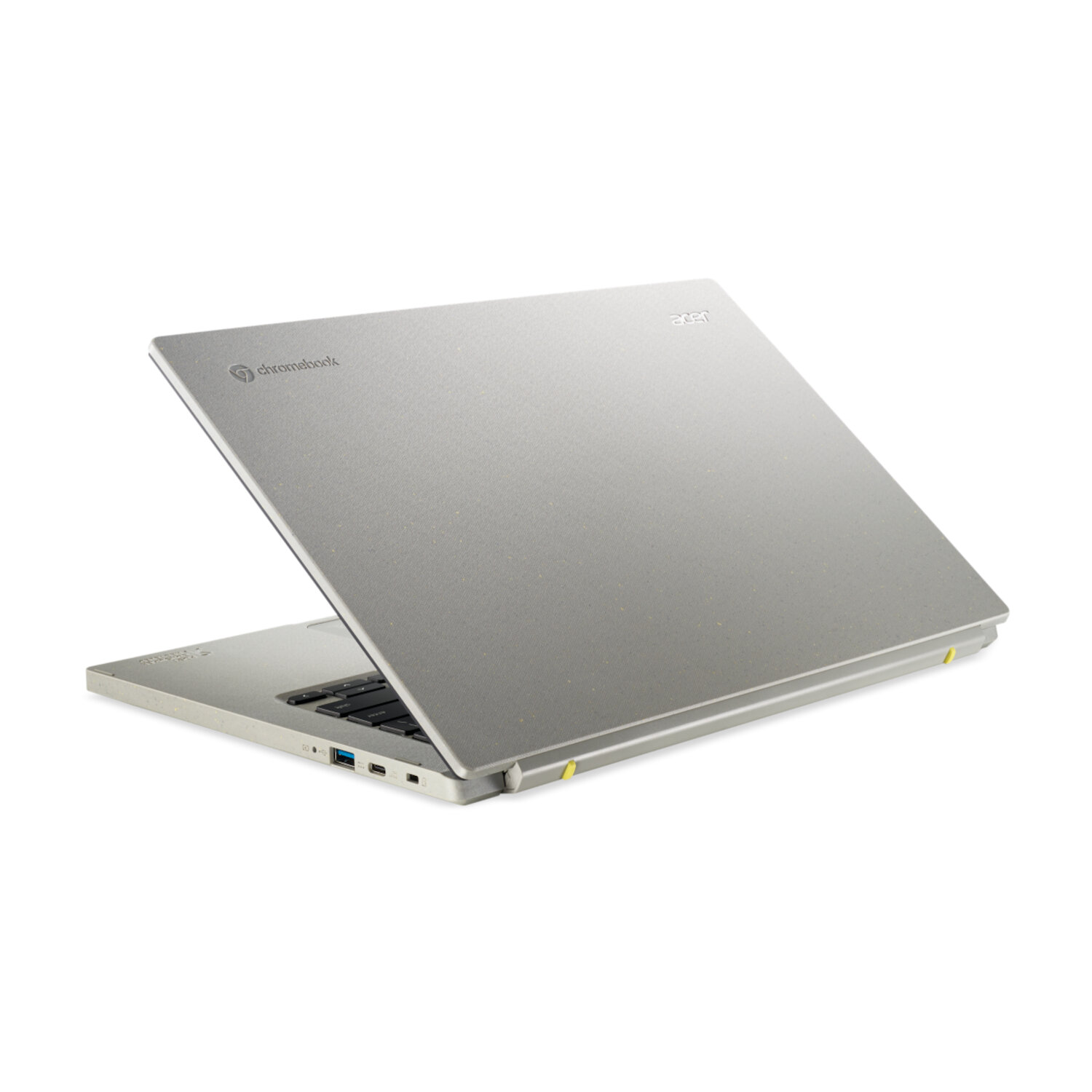 A silver laptop, slightly open, angled from the back.