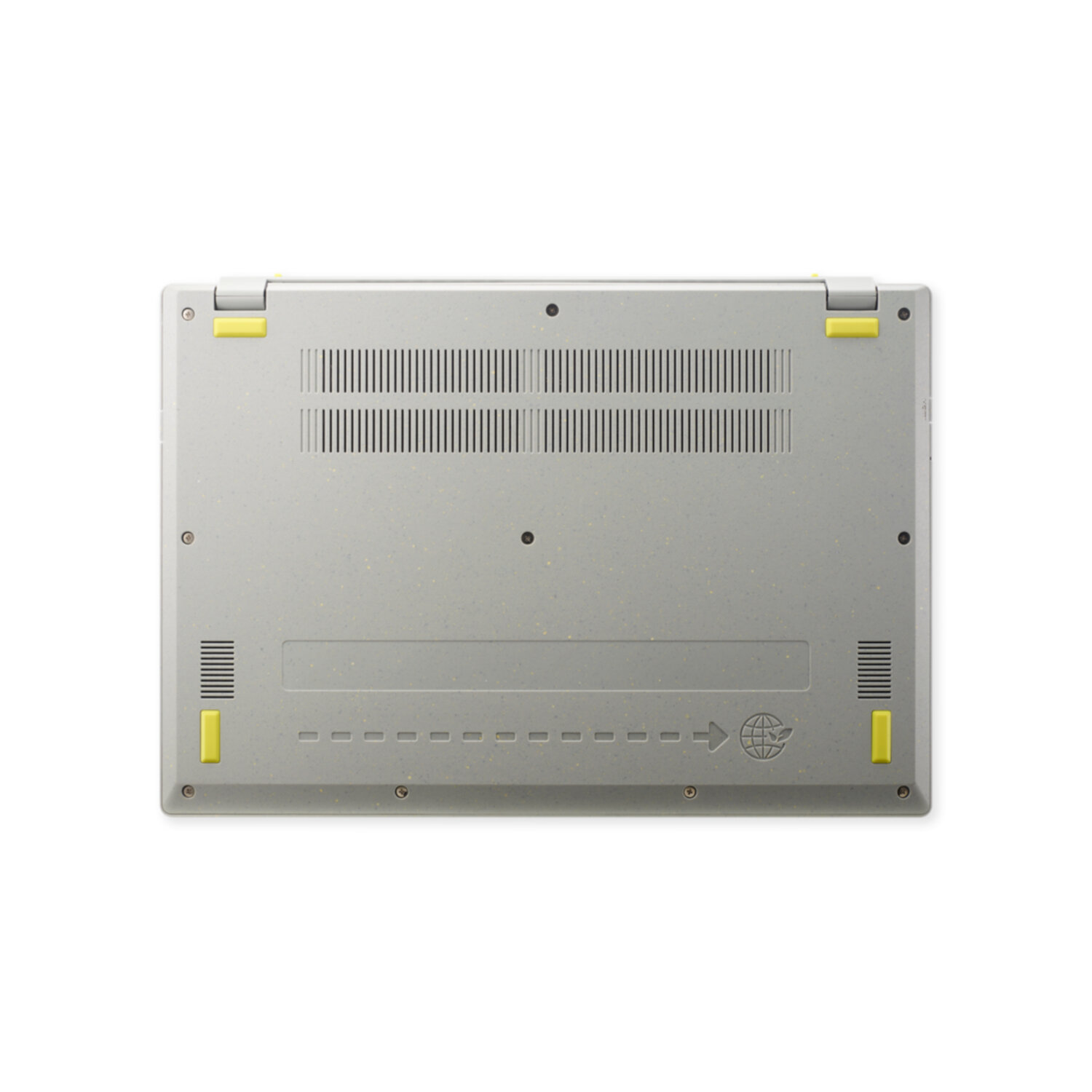 Laptop bottom view. Gray with yellow accents. Features air vents, screws, and a logo.