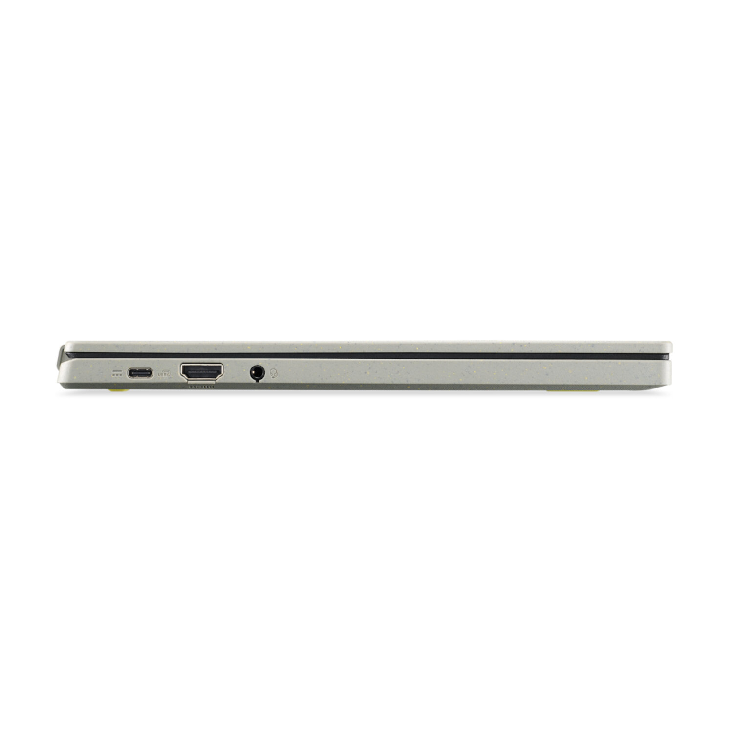 Side view of a gray laptop, showing ports on one side. A simple, clean design.