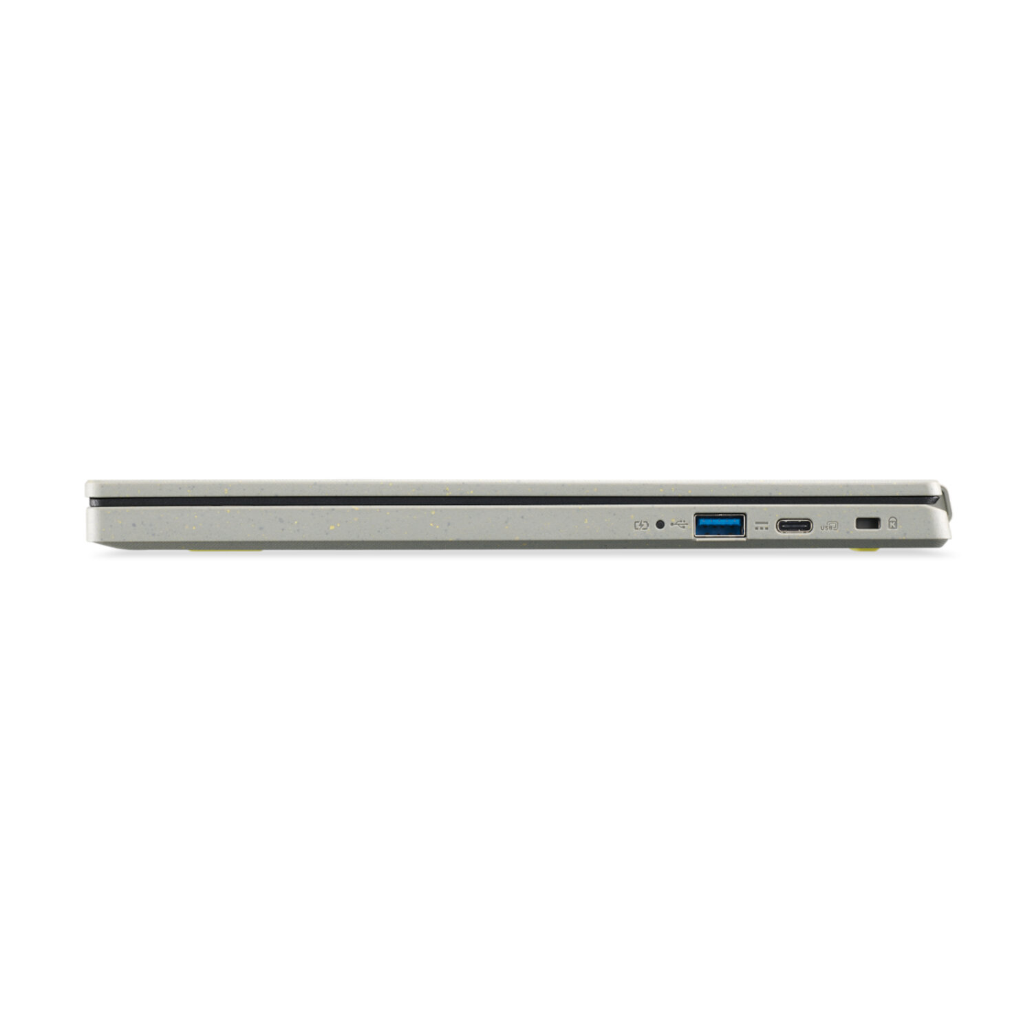 A side view of a laptop with ports visible along the side edge, it is gray with yellow accents.