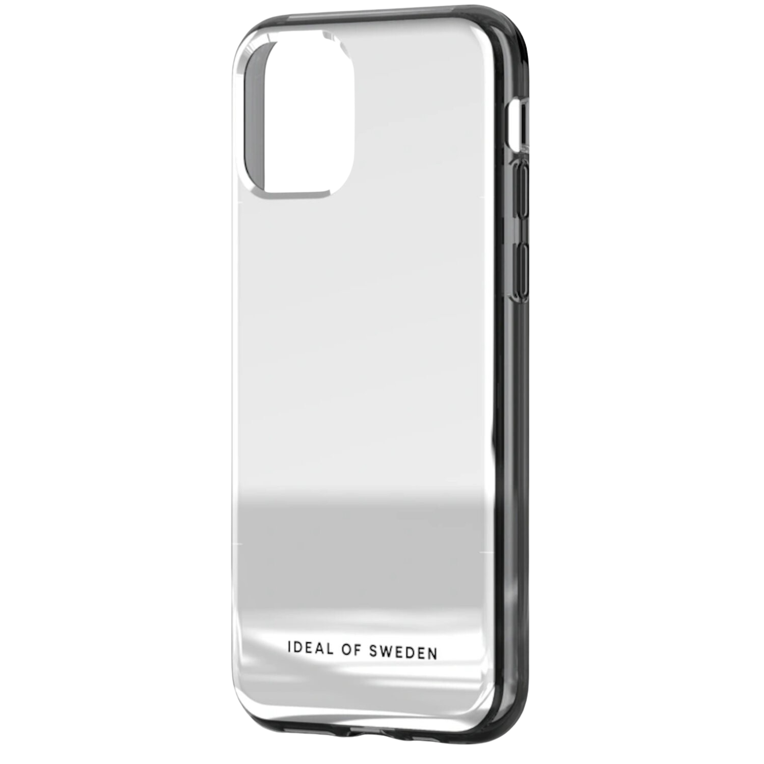 Coque de téléphone transparente avec dos réfléchissant argenté et bord noir.