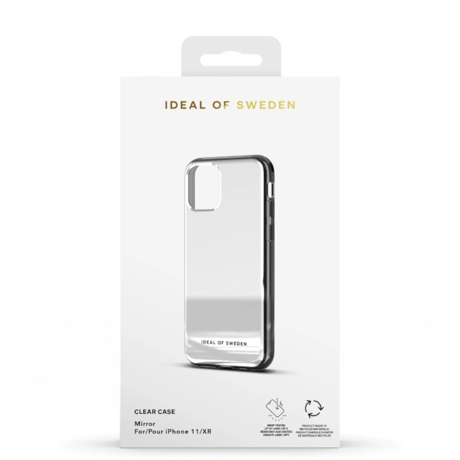 Coque de téléphone miroir dans une boîte blanche avec un logo sur fond blanc.