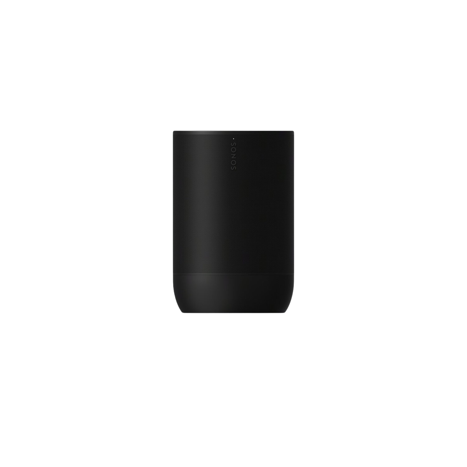 Black Sonos speaker on a black background, cylindrical shape, with the brand name displayed.
