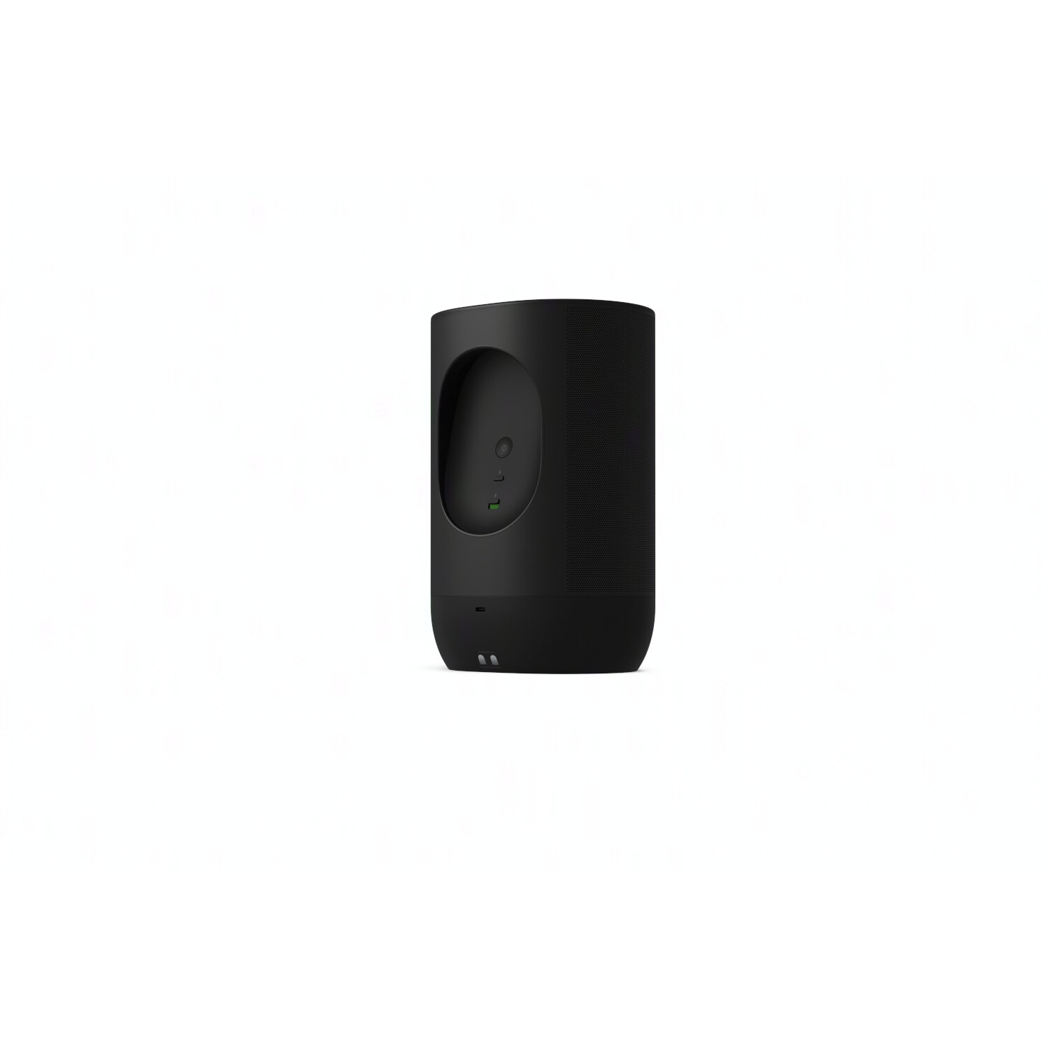 Black smart speaker on a white background. It has a cylindrical shape and a speaker grille.