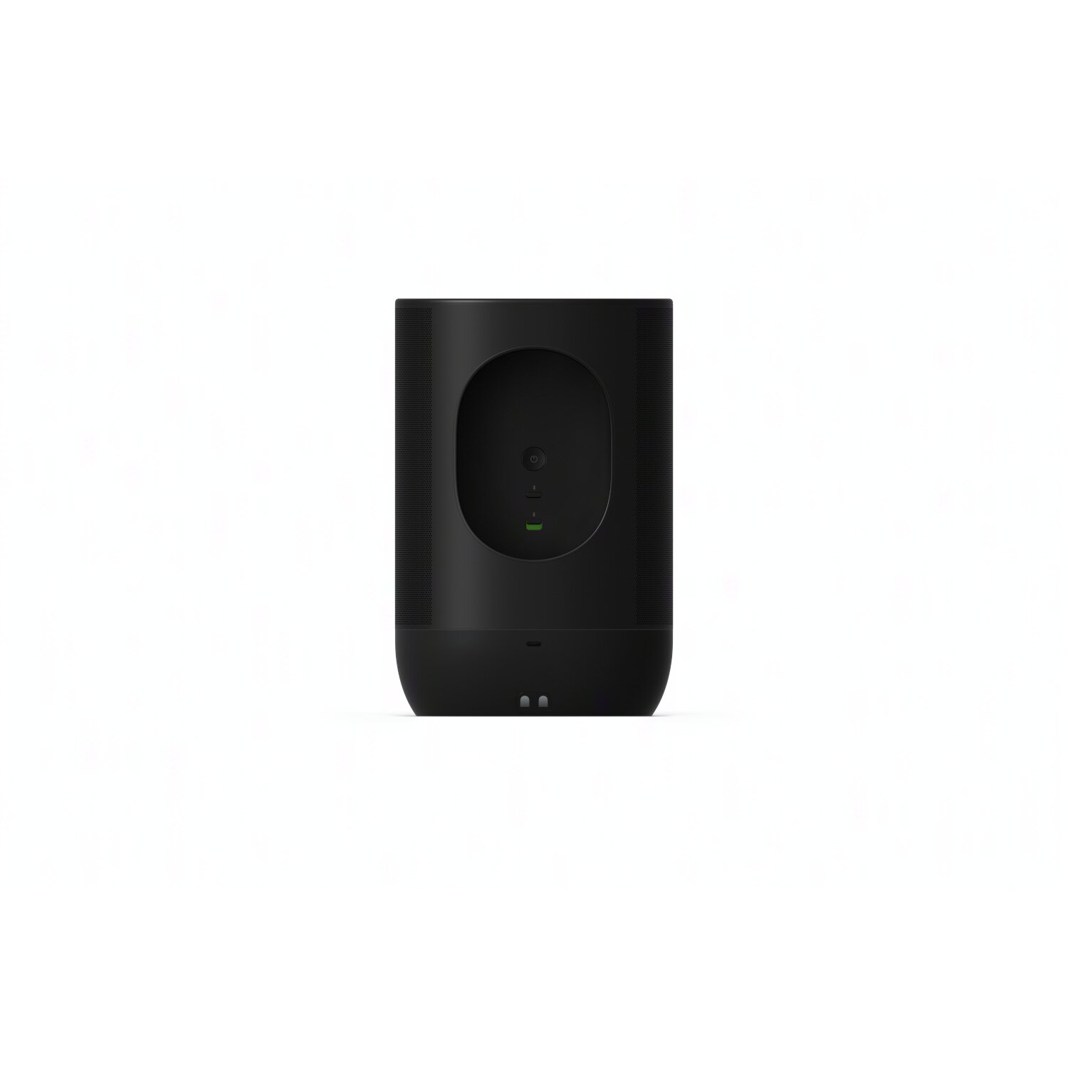Black speaker on white, front view. Has a recessed area with a green light. 
