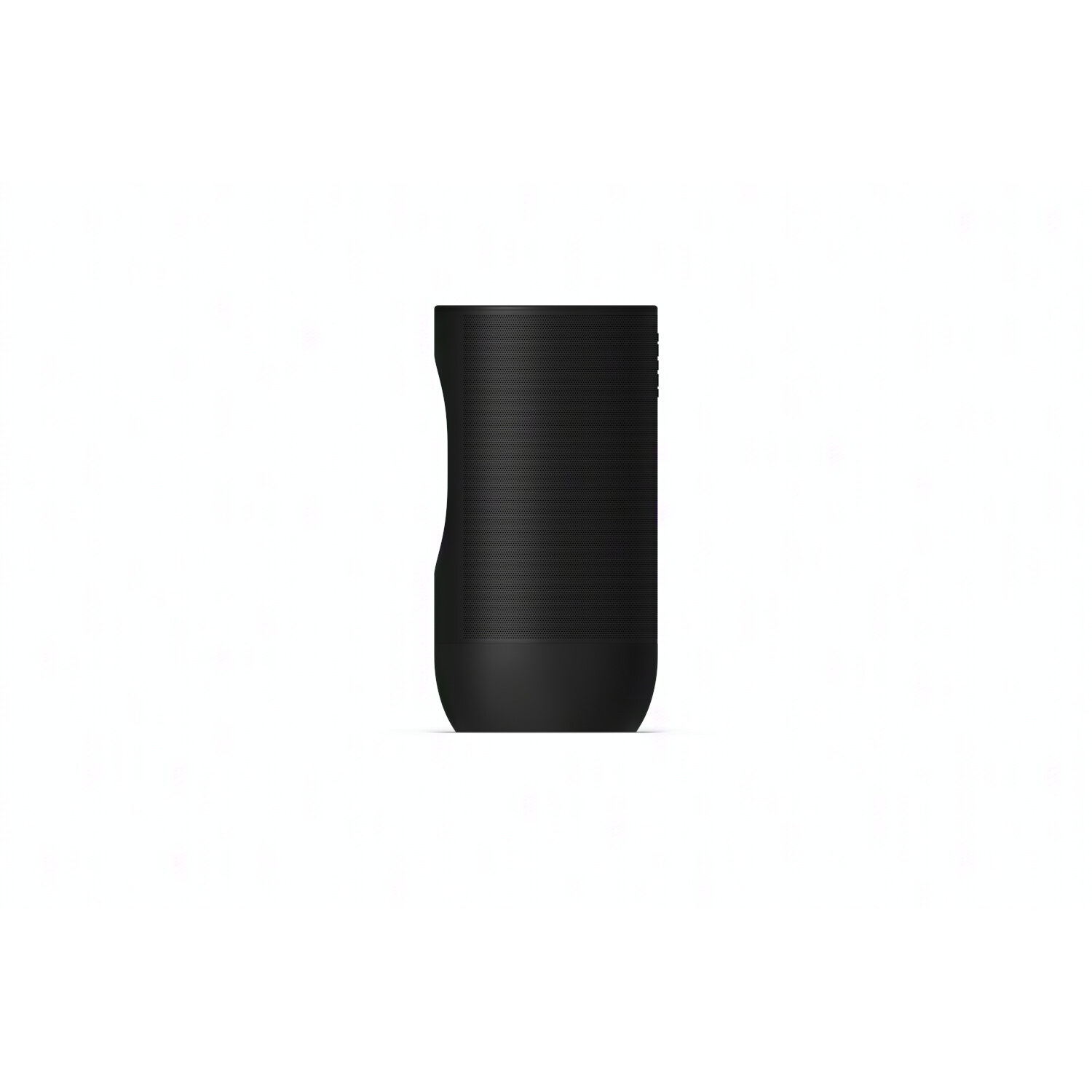 Black speaker on white. It has a mesh design. The bottom is a solid black with a curved design.