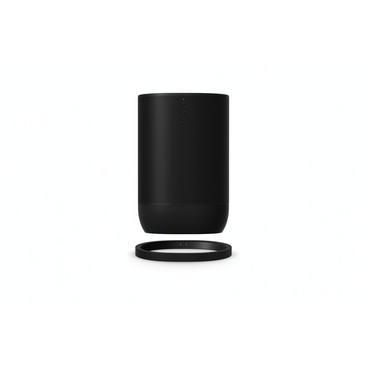 Black Sonos speaker with a separate black base on a white background.