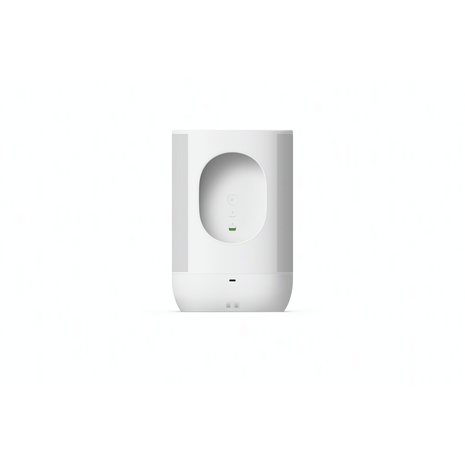 Wit smart home-apparaat op een witte achtergrond, met een gat en een groen licht.