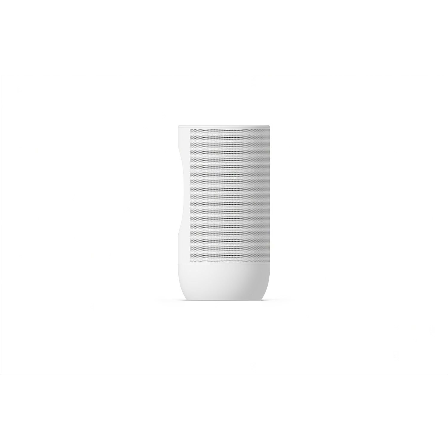 Witte luidspreker, vooraanzicht, op een witte achtergrond. De luidspreker heeft een mesh-afdekking.