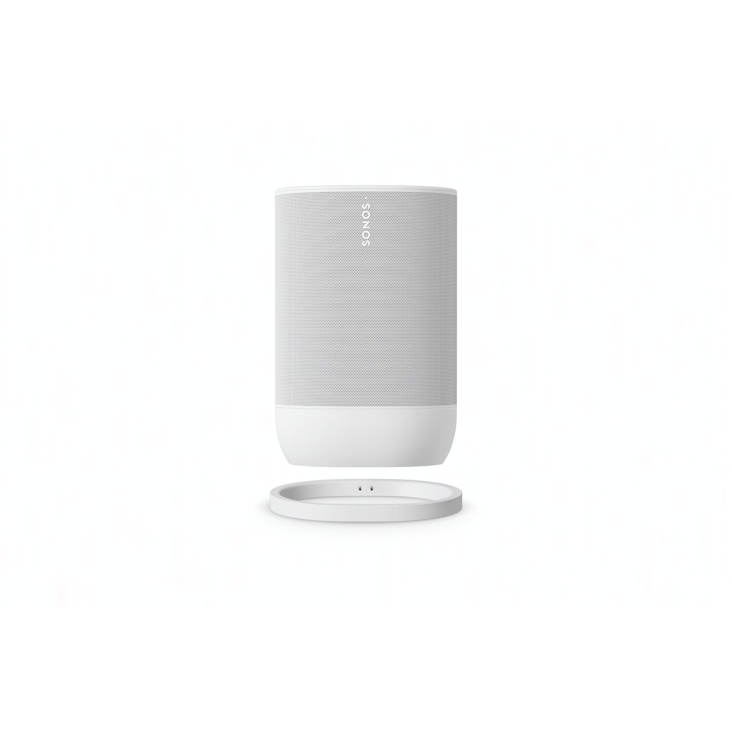 Witte Sonos-luidspreker en het witte oplaadstation, geïsoleerd op een witte achtergrond.