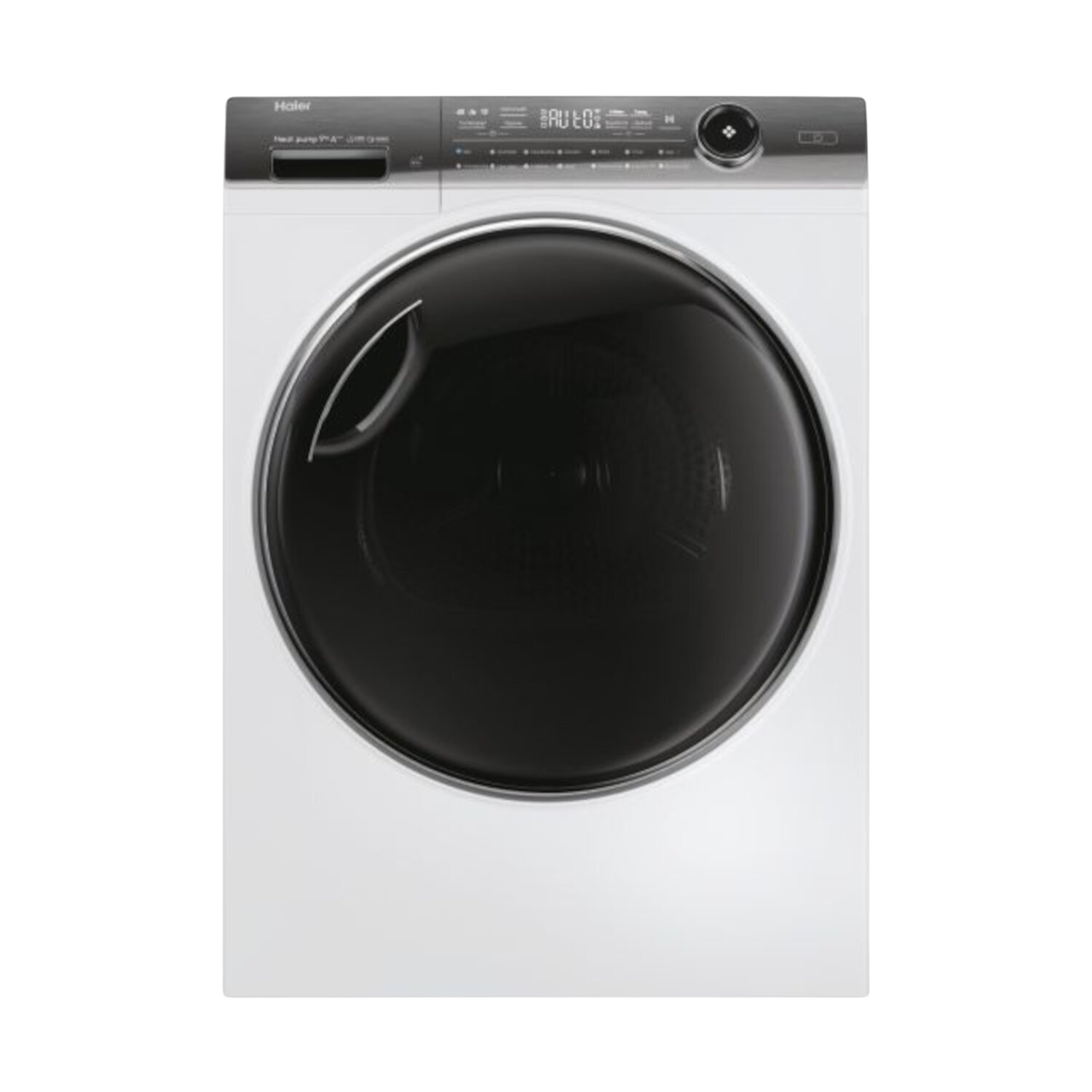 Lave-linge Haier blanc avec porte noire et panneau de commande sur fond blanc.