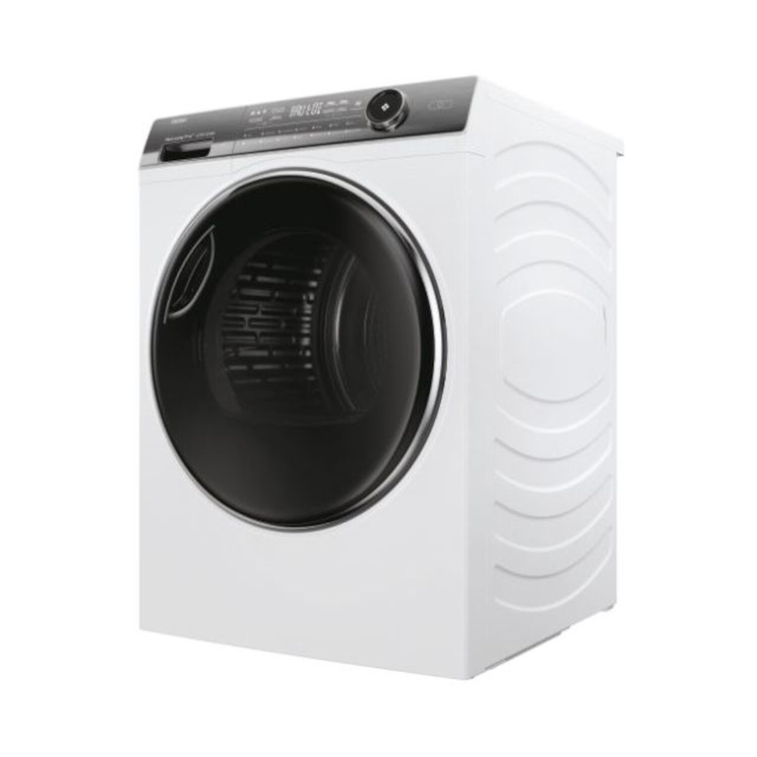 Lave-linge blanc et moderne avec une grande porte noire arrondie.