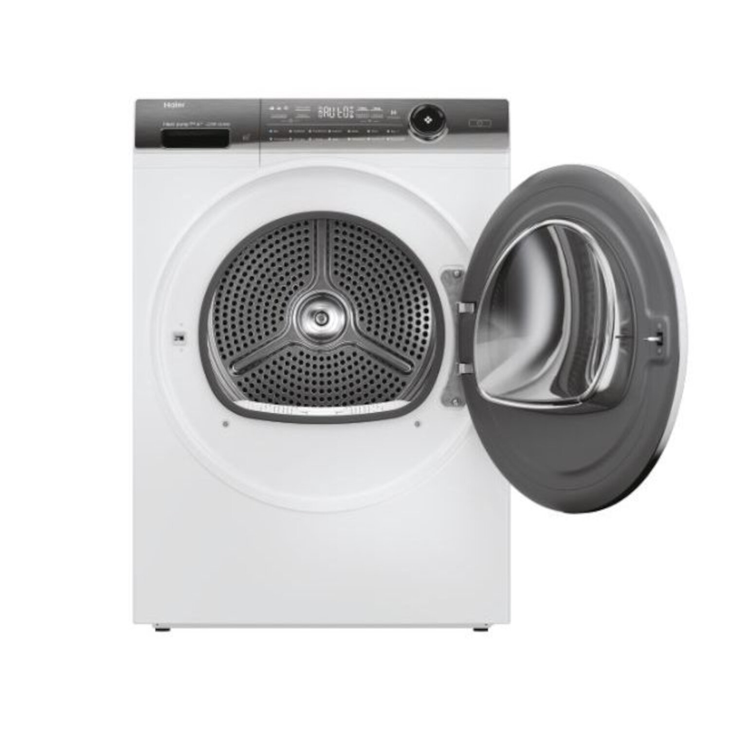 Un sèche-linge blanc avec la porte ouverte, montrant le tambour à l'intérieur. Le panneau de commande est gris foncé.