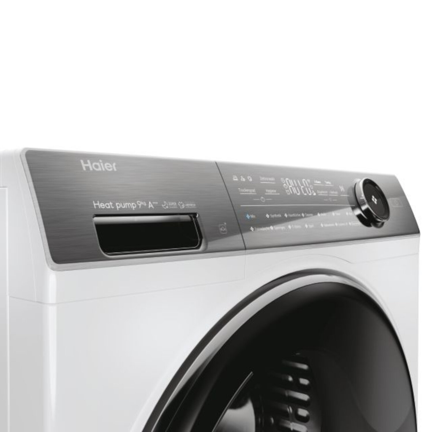 Gros plan sur le panneau de commande d'un lave-linge Haier blanc et noir. Détails et un cadran.
