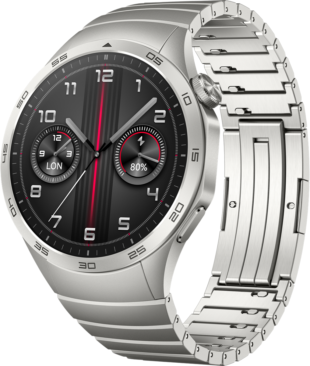 Silver smartwatch with black display, red accent, and metal strap.  Shows time and battery.