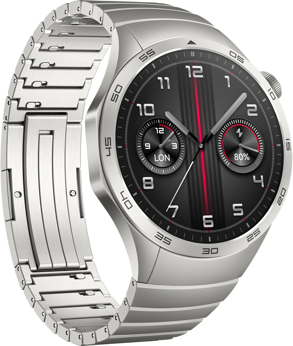 Silver smartwatch with a black display, featuring a watch face with red accents and a metal band.
