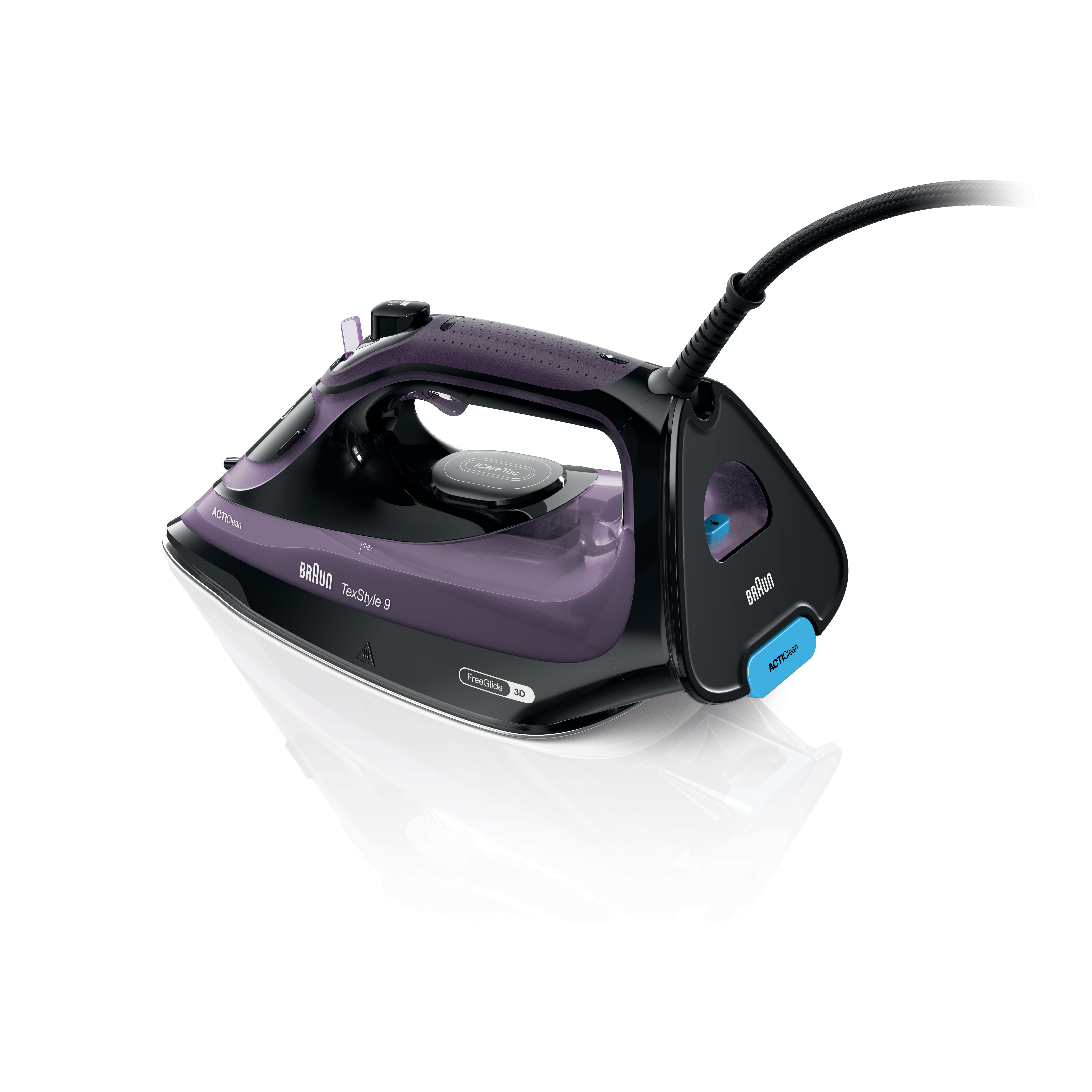 Schwarz-violettes Bügeleisen mit schwarzem Kabel und blauem Knopf.