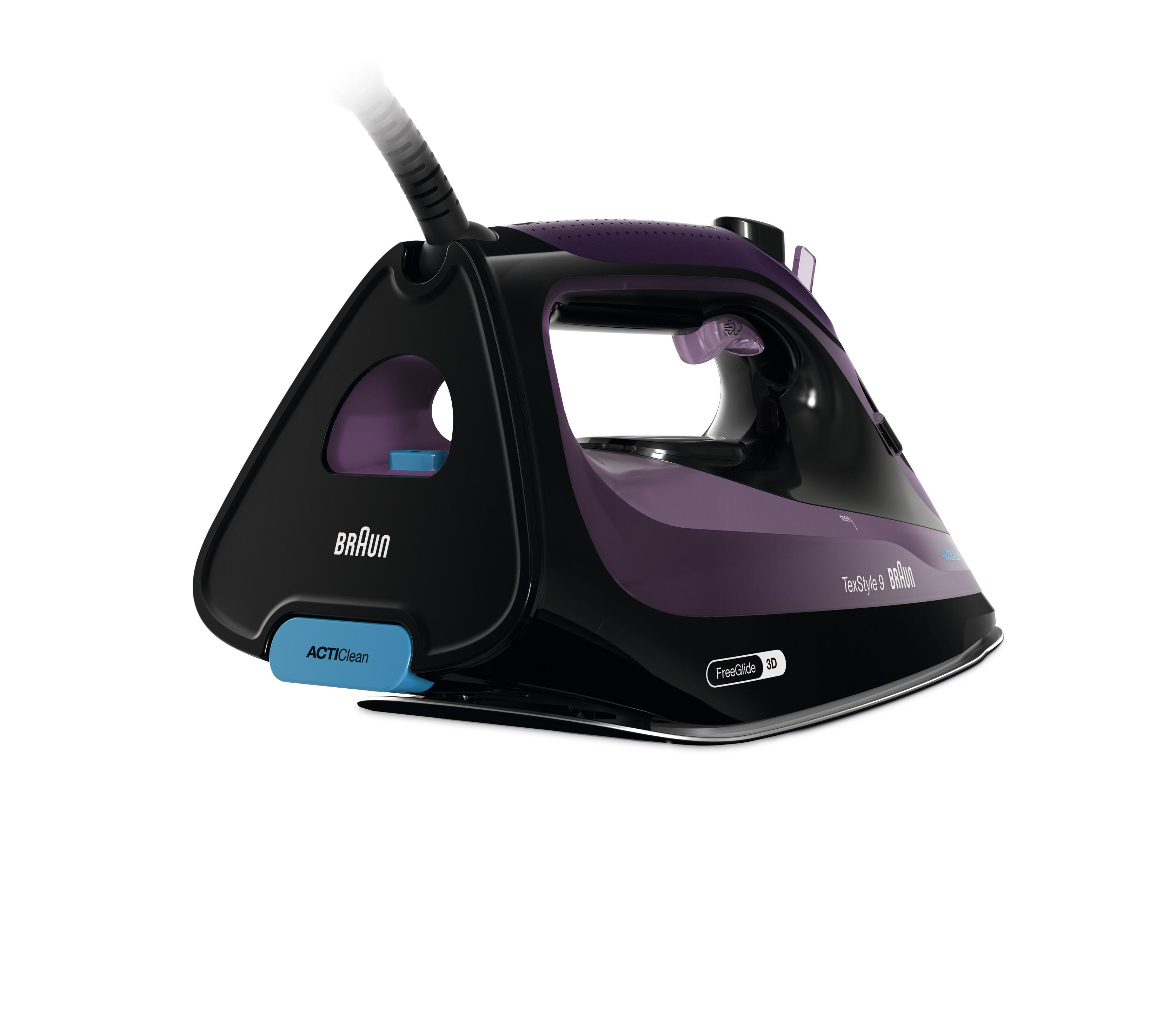 Braun TexStyle 9 Bügeleisen, schwarz und lila, mit blauem ActiClean-Knopf, auf weißem Grund.