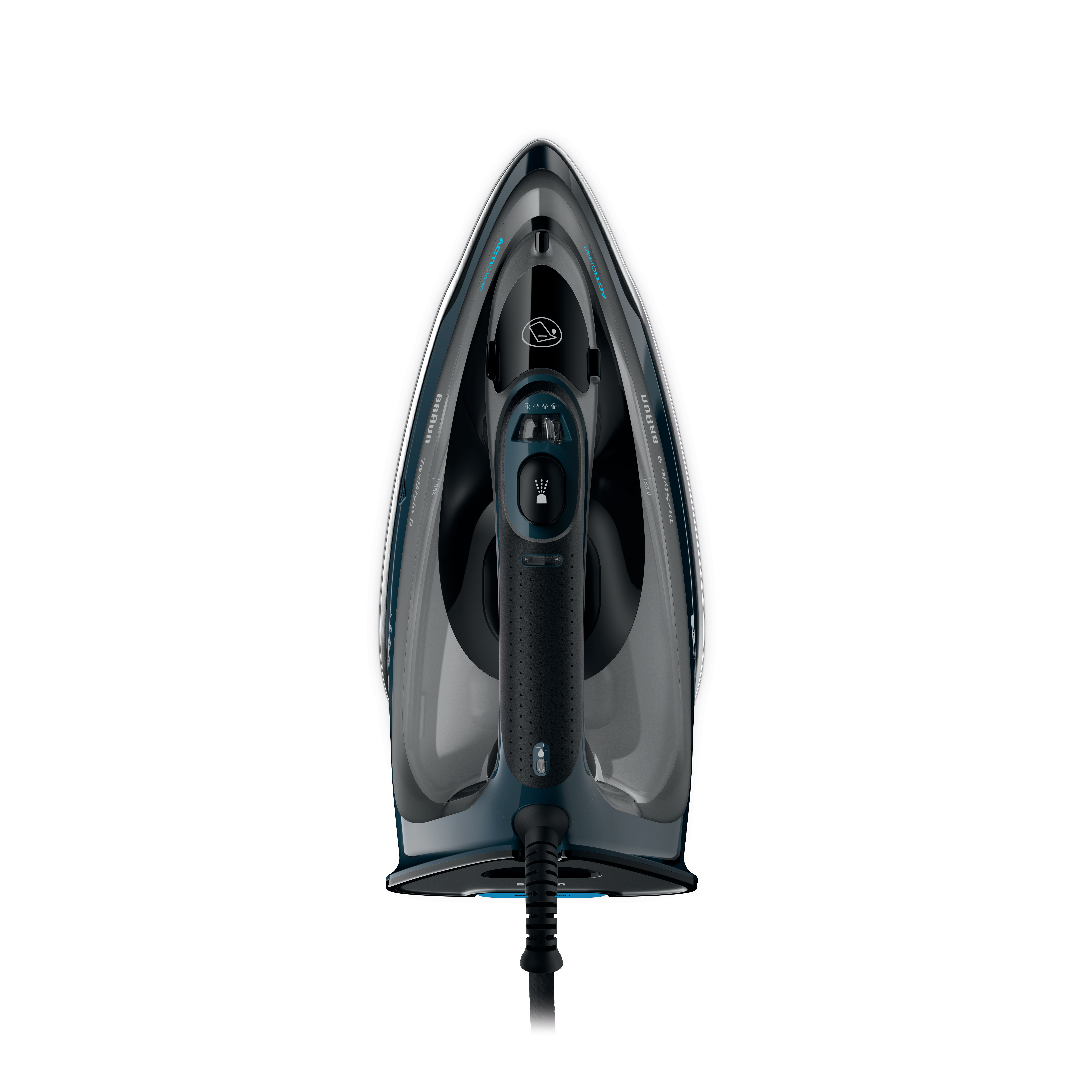 Braun Bügeleisen von oben. Schwarz und blau. Wasserspray-Taste sichtbar.