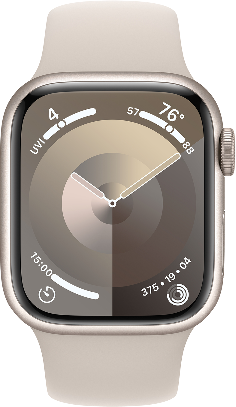 Apple Watch a számlapján idővel, dátummal és hőmérséklettel. Bézs szíjjal.