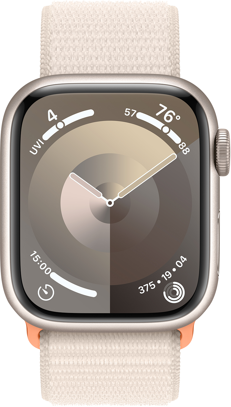 Apple Watch világos színű szíjjal, amely az időt, a dátumot és az aktivitási gyűrűket mutatja.