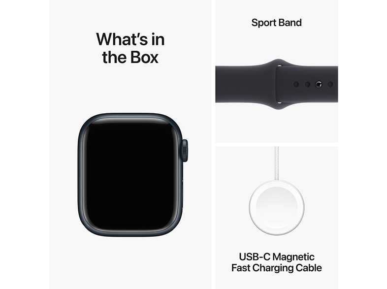 Apple Watch tartalma. Óralap, sport szíj és egy USB-C mágneses töltőkábel. A tárgyak fehér felületen vannak.