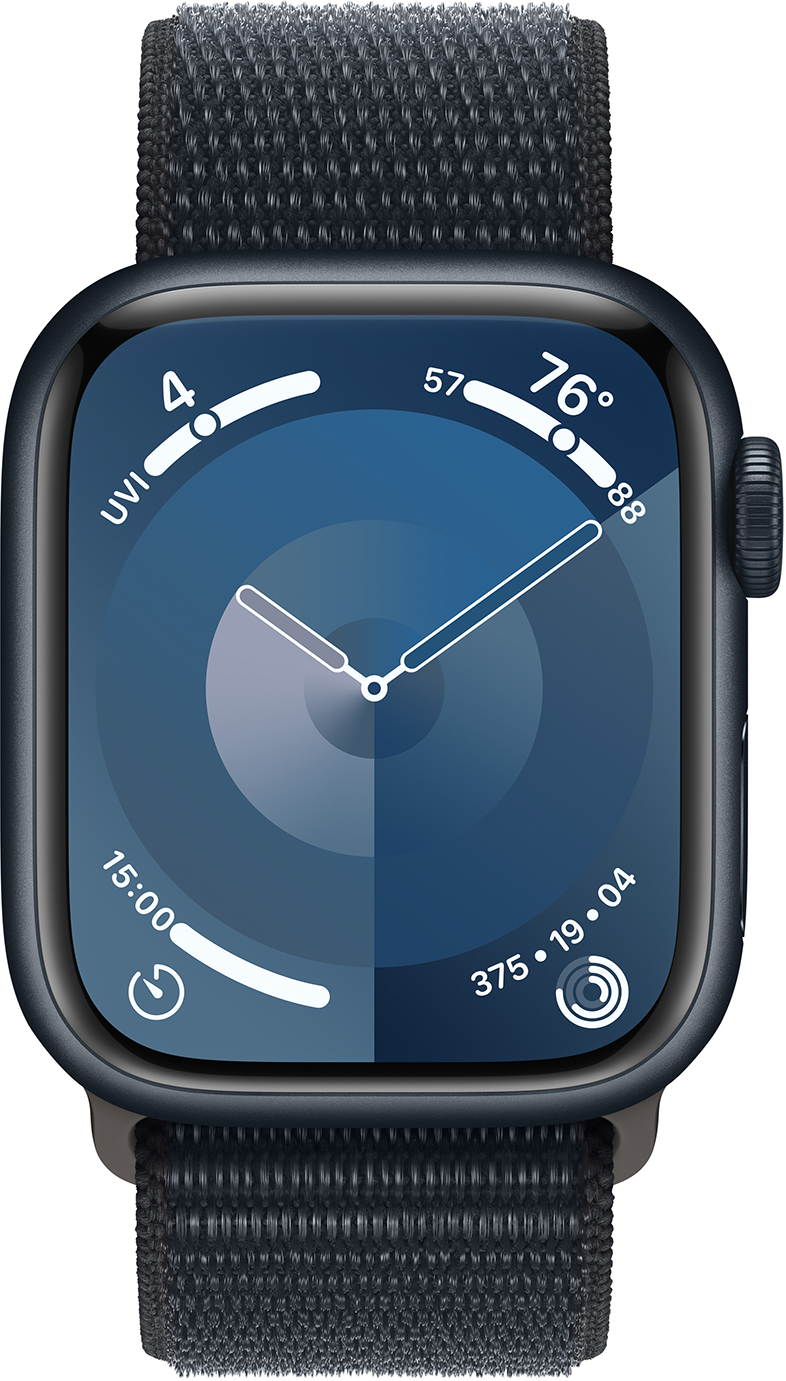 Apple Watch. Sötétkék szíj. A digitális kijelző az időt, dátumot és aktivitásgyűrűket mutatja.