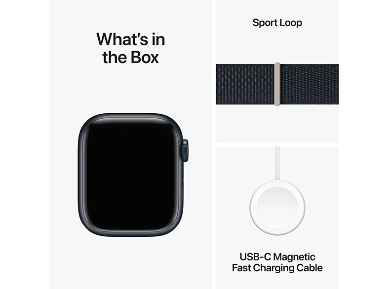 Apple Watch, Sport Loop és USB-C töltő fehér alapon. Cím: Mi van a dobozban?