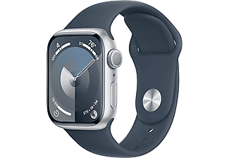 APPLE Watch Series 9 GPS, 41mm, ezüst alumíniumtok, viharkék sportszíj, S/M (MR903QH/A)
