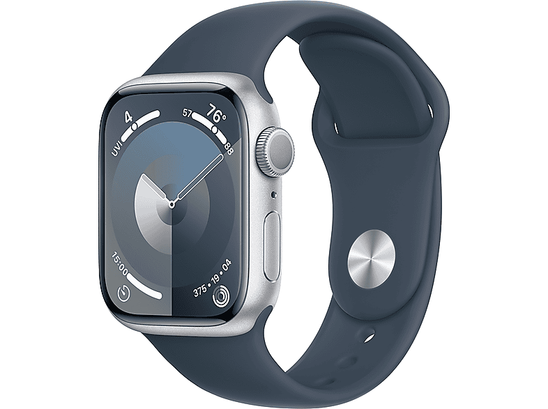 APPLE Watch Series 9 GPS, 41mm, ezüst alumíniumtok, viharkék sportszíj, S/M (MR903QH/A)