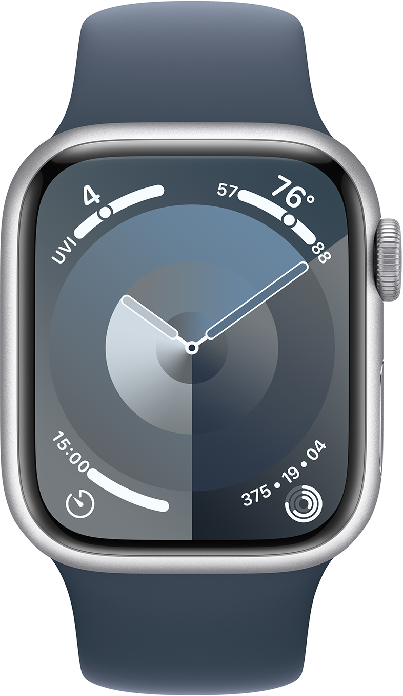 Apple Watch kék szíjjal, kék-szürke számlappal, dátummal, idővel és egyéb mérőszámokkal.