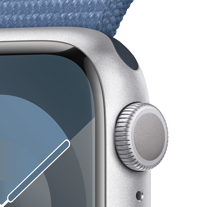 Egy Apple Watch közeli képe kék szíjjal, a gombbal és a digitális koronával.