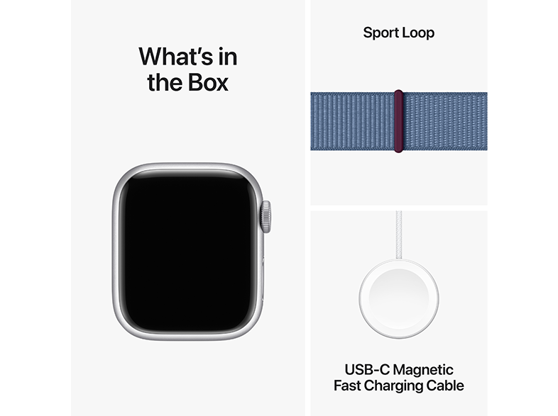 Egy Apple Watch, egy óraszíj és egy töltőkábel látható.