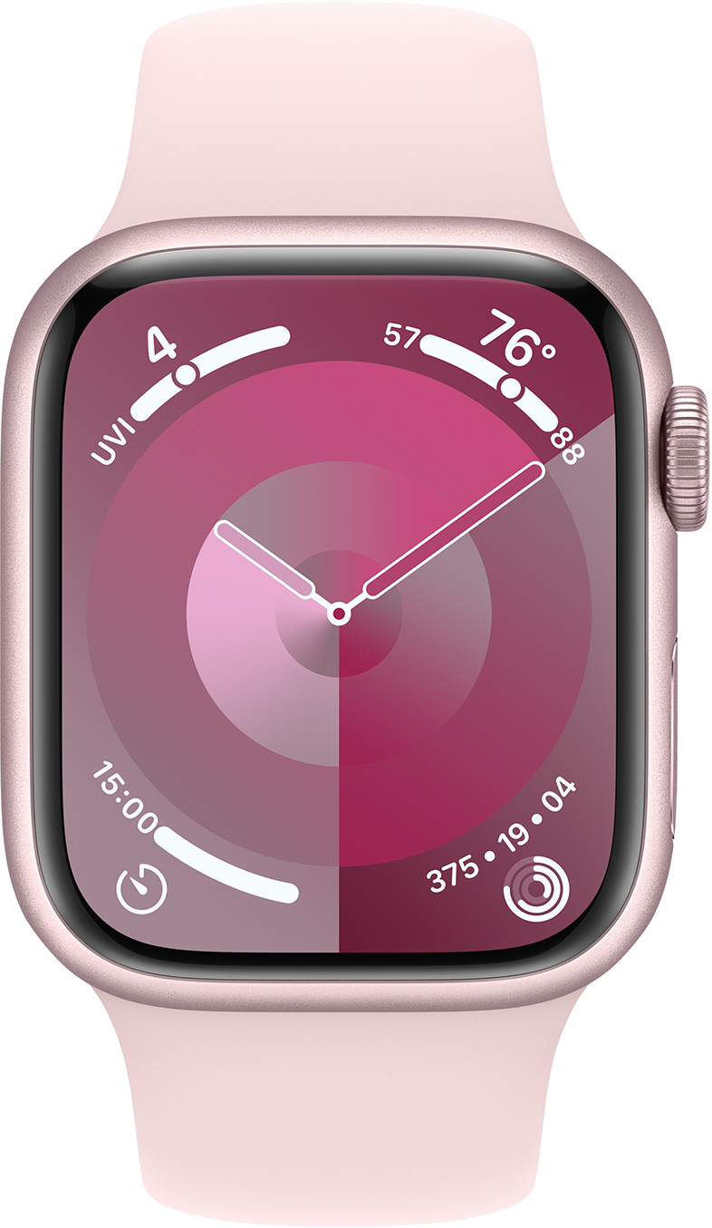 Rózsaszín Apple Watch rózsaszín szíjjal. A számlapon az idő és az egészségügyi adatok láthatók.