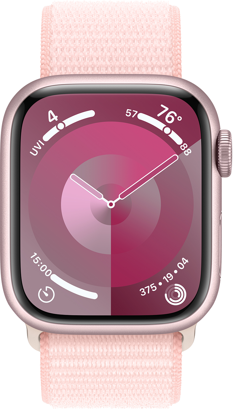 Rózsaszín Apple Watch rózsaszín szíjjal, időt és egészségügyi adatokat mutat.