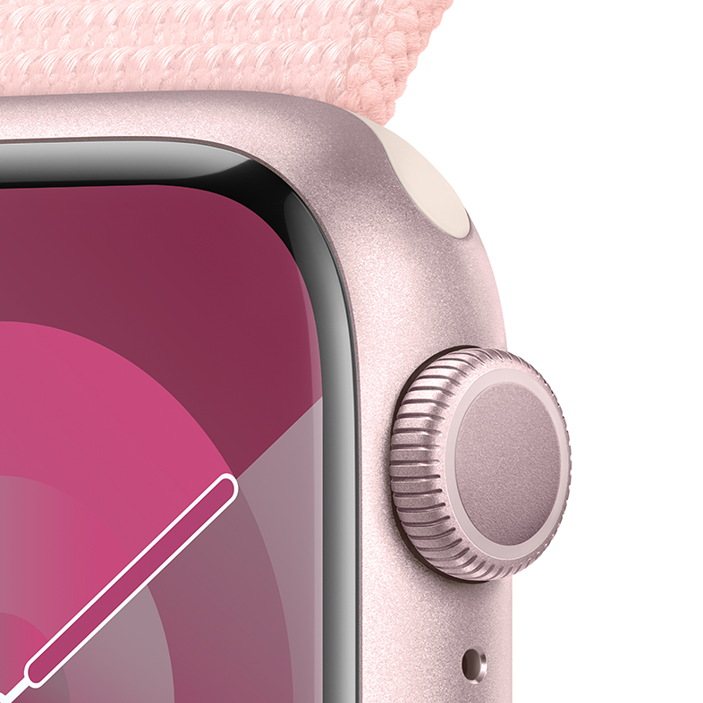 Rózsaszín arany Apple Watch közelről, rózsaszín szíjjal.