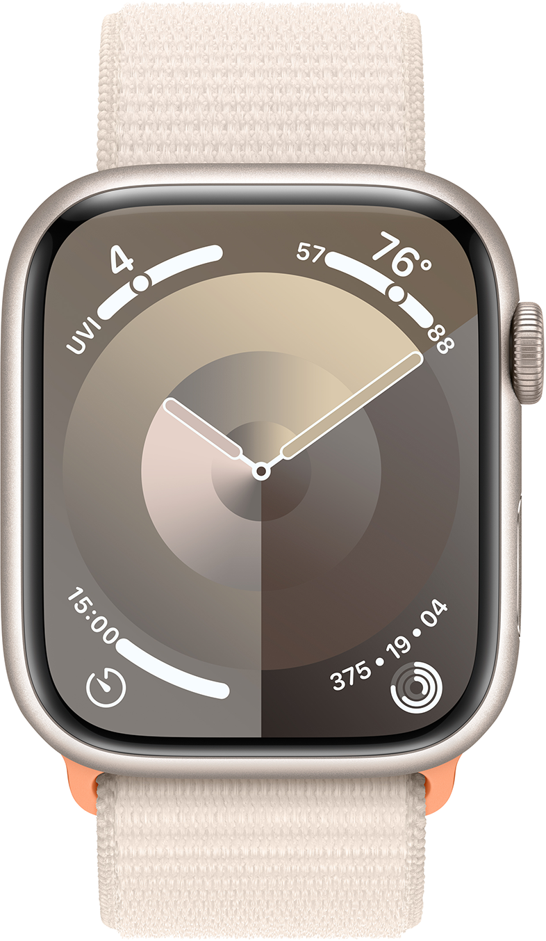 Apple Watch Series 8 bézs szíjjal, időt és statisztikákat jelenít meg.