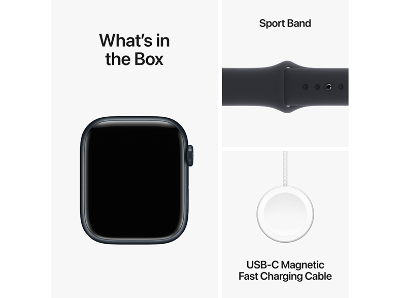 Apple Watch doboz tartalma: óra, sport szíj és töltőkábel fehér háttéren.