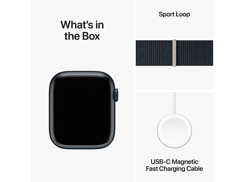 Kép az Apple Watch-ról, Sport Loop szíjjal és töltőkábellel.