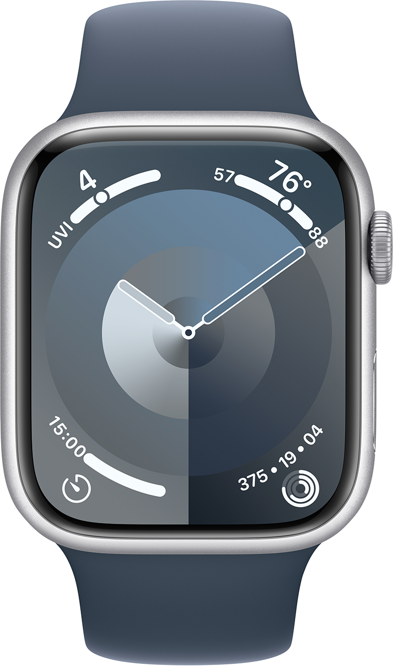 Egy sötétkék Apple Watch közeli képe kék szíjjal, az óralapot mutatva.