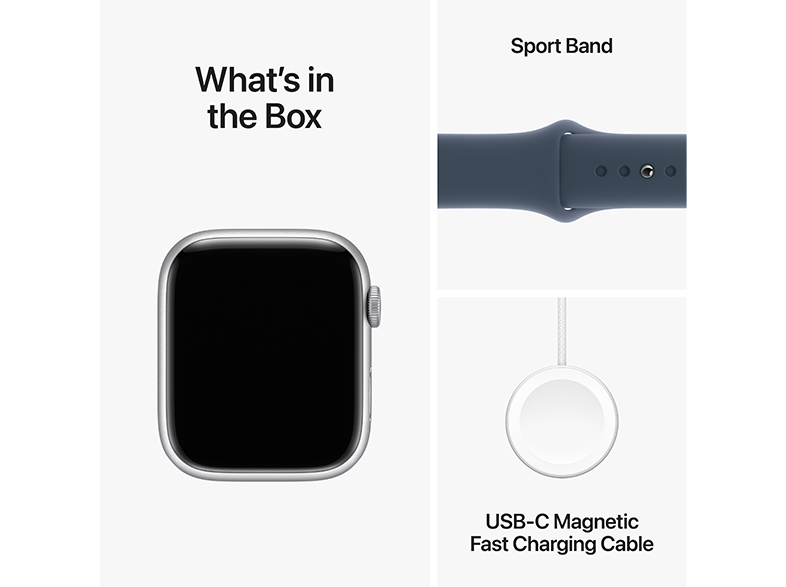 Kollázs Apple Watch-ot, Sport Bandet és töltőkábelt mutat. Fehér háttér. Mi van a dobozban.