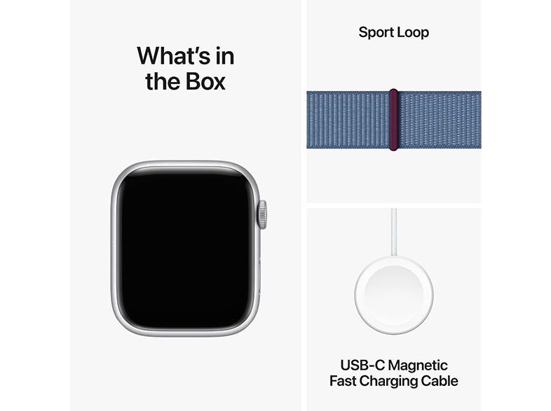 Egy Apple Watch és kiegészítők: Sport Loop szíj és egy USB-C mágneses gyorstöltő kábel.