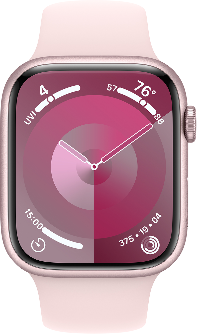 Az Apple Watch számlapjának közeli képe, rózsaszín dizájnnal, idő-, UVI- és hőmérsékleti adatokkal.