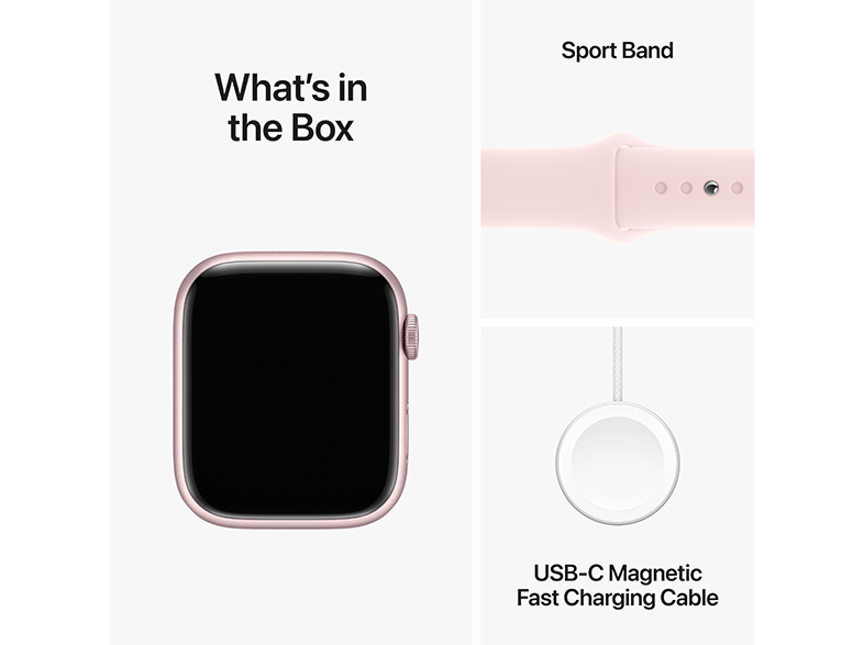 Egy Apple Watch doboz órával, pánttal és töltőkábellel. A szöveg a következő: 'Mi van a dobozban'.