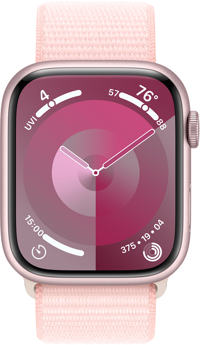 Egy rózsaszín Apple Watch számlapjának közeli képe, rózsaszín szíjjal, időt és egészségügyi adatokat mutatva.
