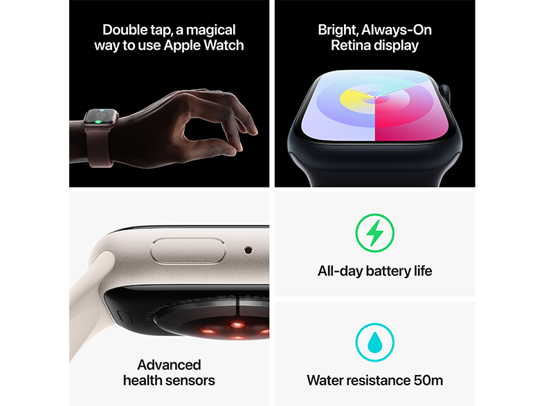 Apple Watch funkciók: dupla koppintás, fényes kijelző, egészségügyi érzékelők és vízállóság.