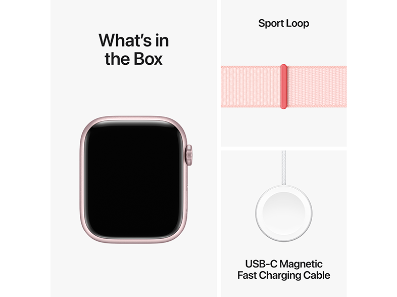 Rózsaszín Apple Watch, Sport Loop és USB-C töltőkábel egy dobozban.