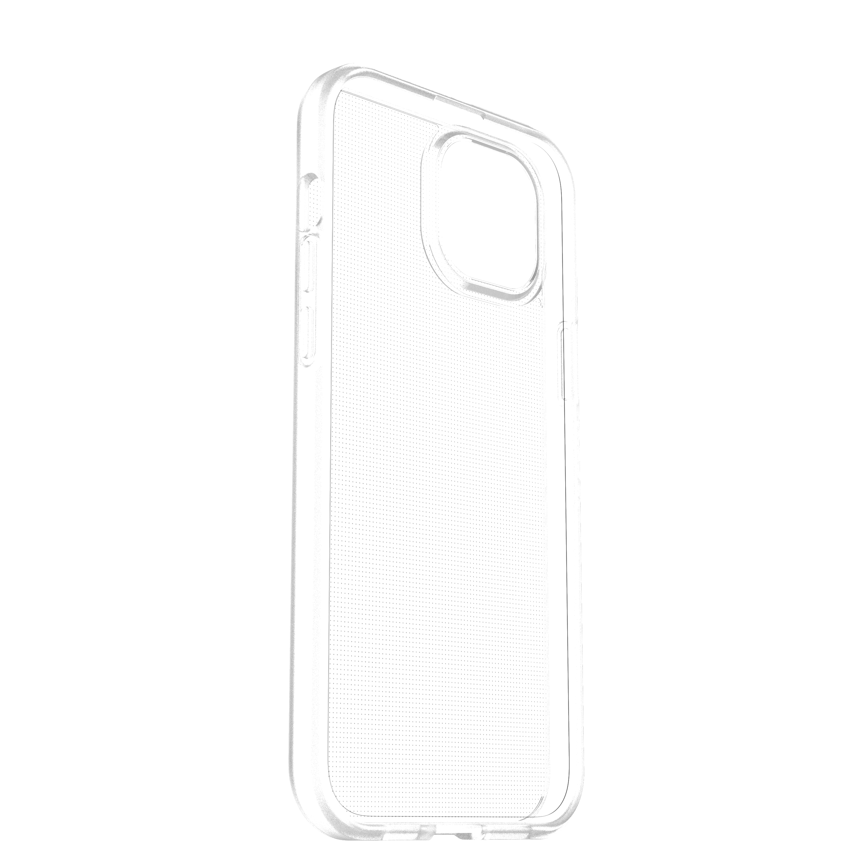 Transparente iPhone-Hülle, transparent und zeigt das gepunktete Muster des Telefons.
