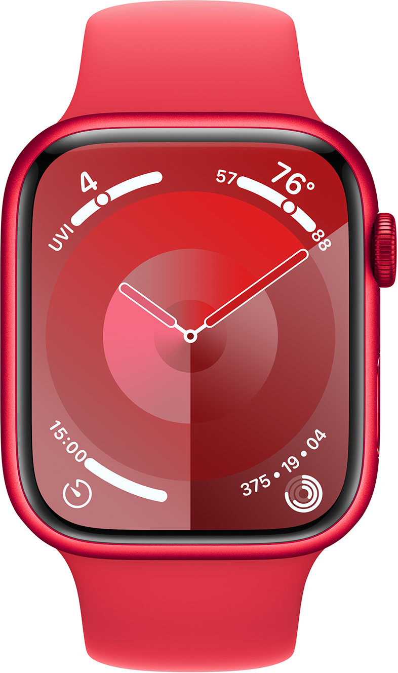Piros Apple Watch, időt és statisztikákat jelenít meg piros számlapon.