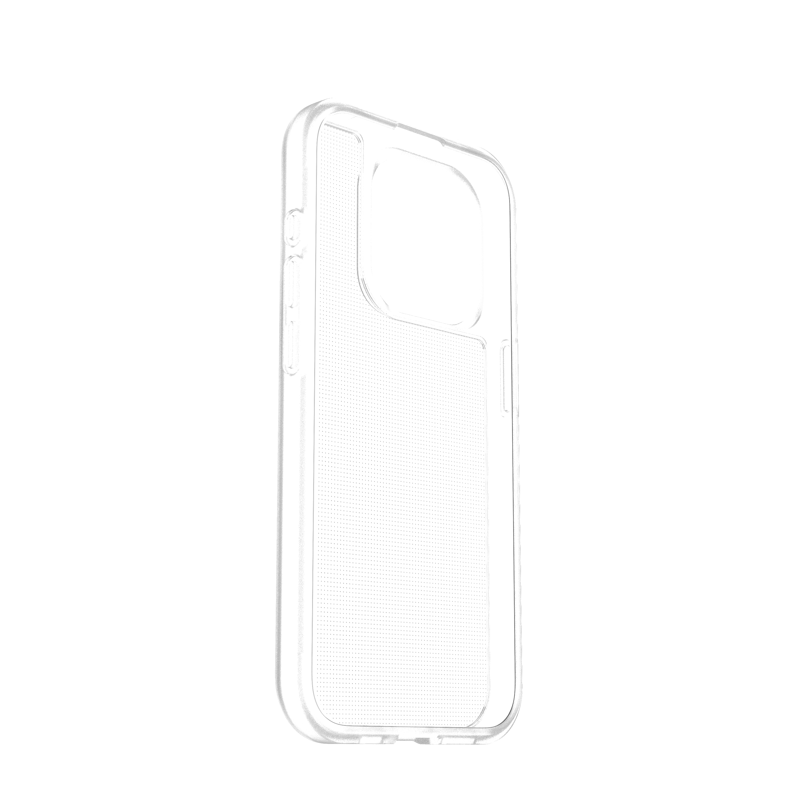 Transparente Handyhülle auf weißem Hintergrund, Seitenansicht.